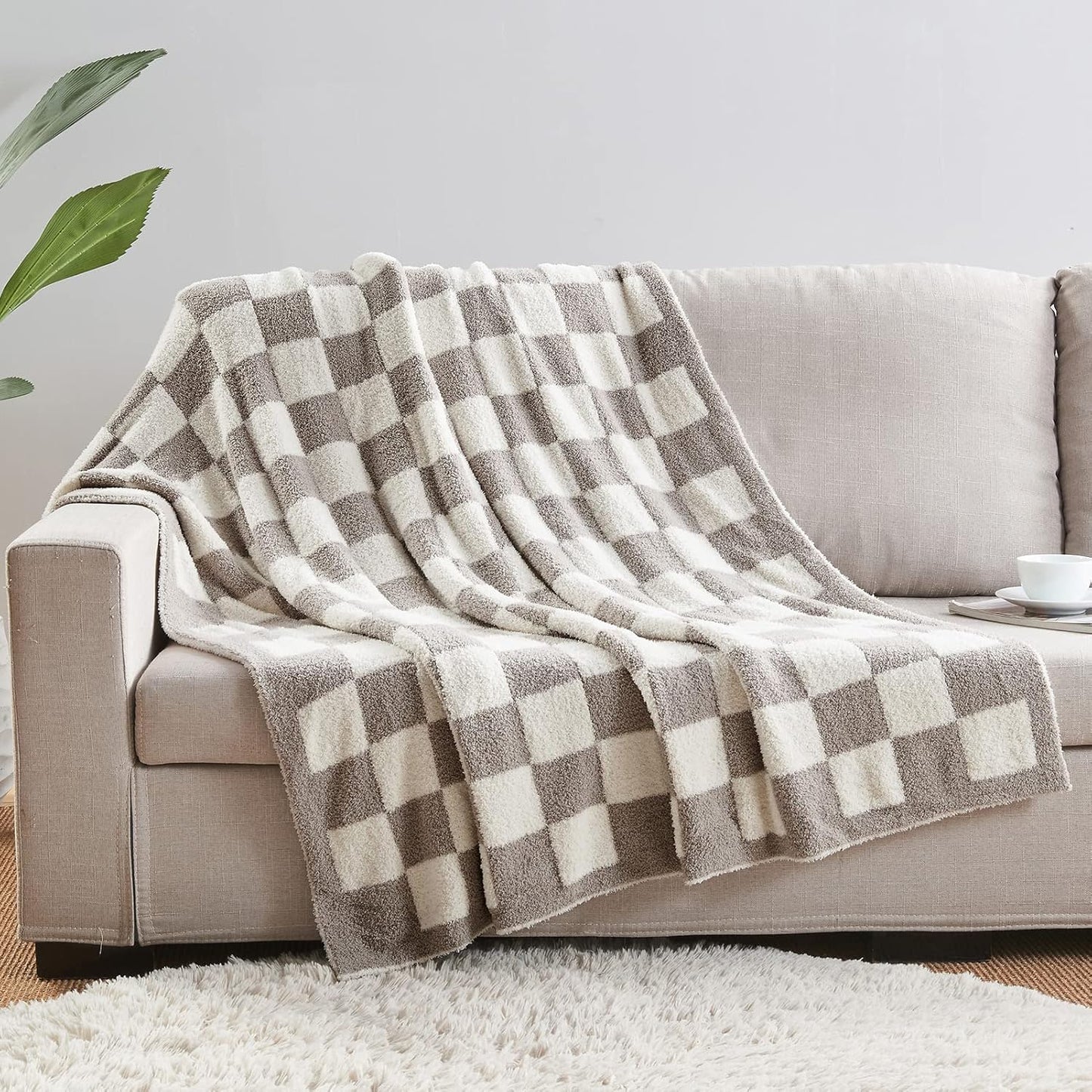 CozeCube Super Soft Fullfy Microfiber Reversible Knitted Blankets, Warm Cozy Fuzzy Plush Throw, Grey and White Checkered Throw Blanket for Couch Bed Sofa, 50" x 60"