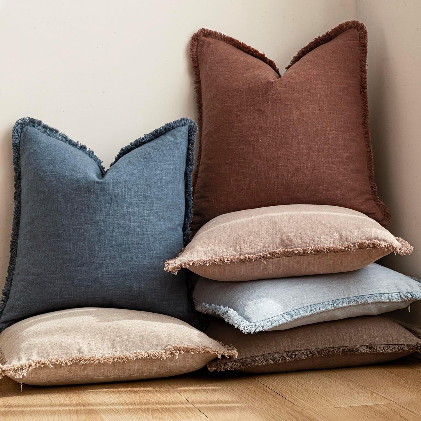 Foindtower Decorative Linen Fringe Throw Pillow Covers Cozy Boho Farmhouse Cushion Cover with Tassels Accent Pillowcase for Chair Sofa Bed Living Room Home Decor, 24×24 Inch,1PC,Dark Blue