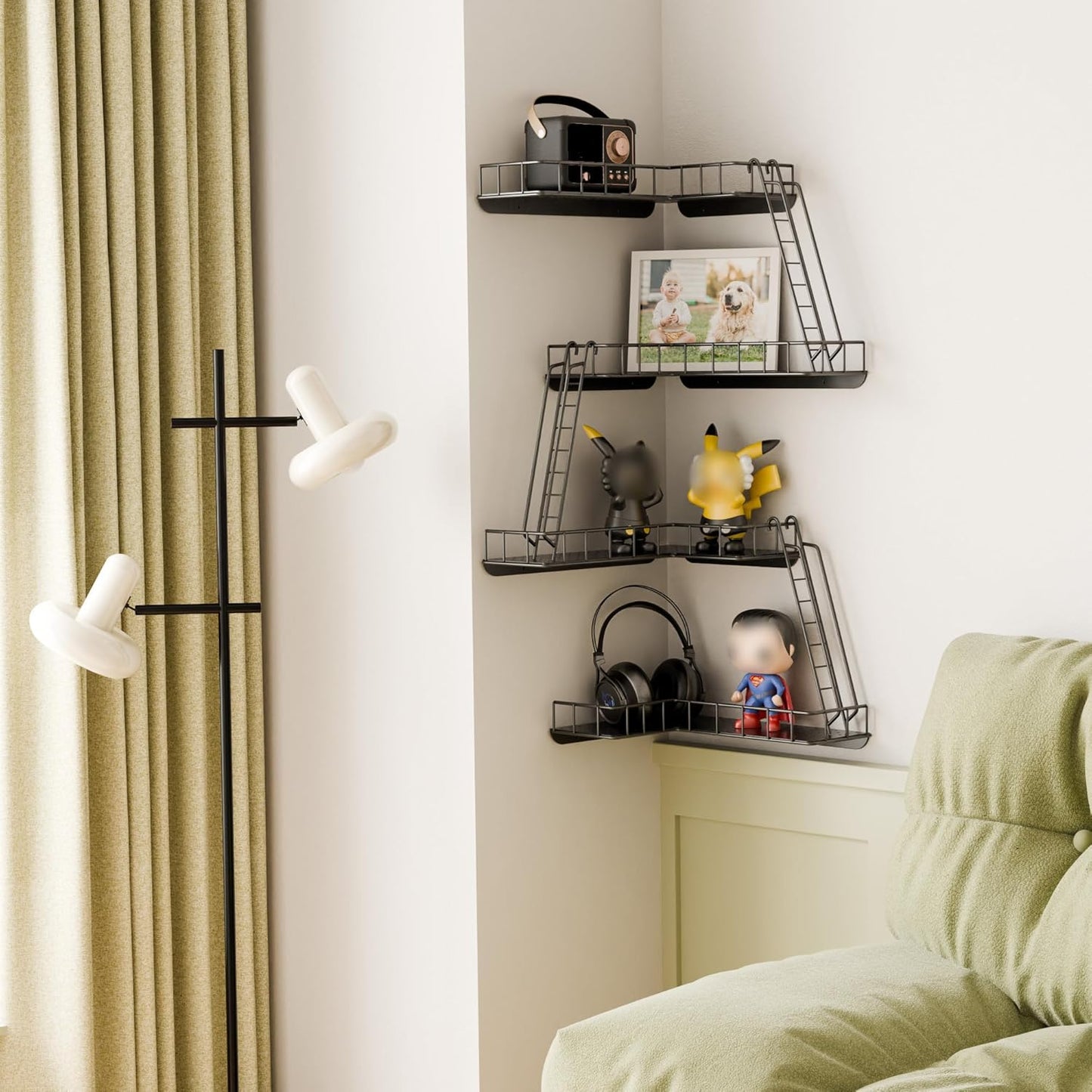 Fire Escape Wall Shelf - Modern City Style 4-Tier Corner Wall Shelves, Easy to Install Metal Ladder Shelf for Figures, New York Decorative Shelves for Bathroom, Living Room & Home Decor,Black