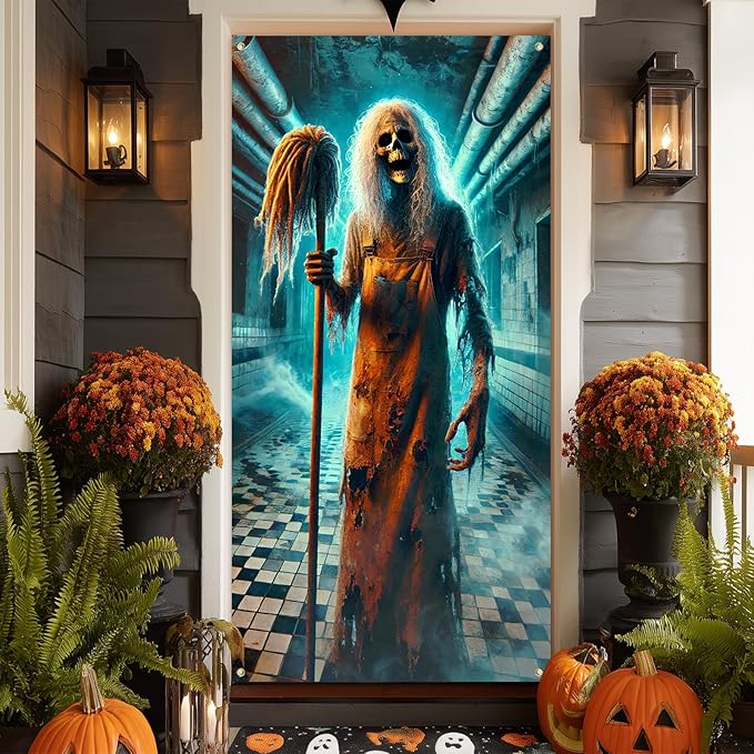 IVN Horror Door Banner 35x71 Inch Skeleton With Long White Hair Holding Mop Abandoned Corridor Background Blue Light Smoke Haunted Halloween Porch Decoration Scary Spooky Horror Theme