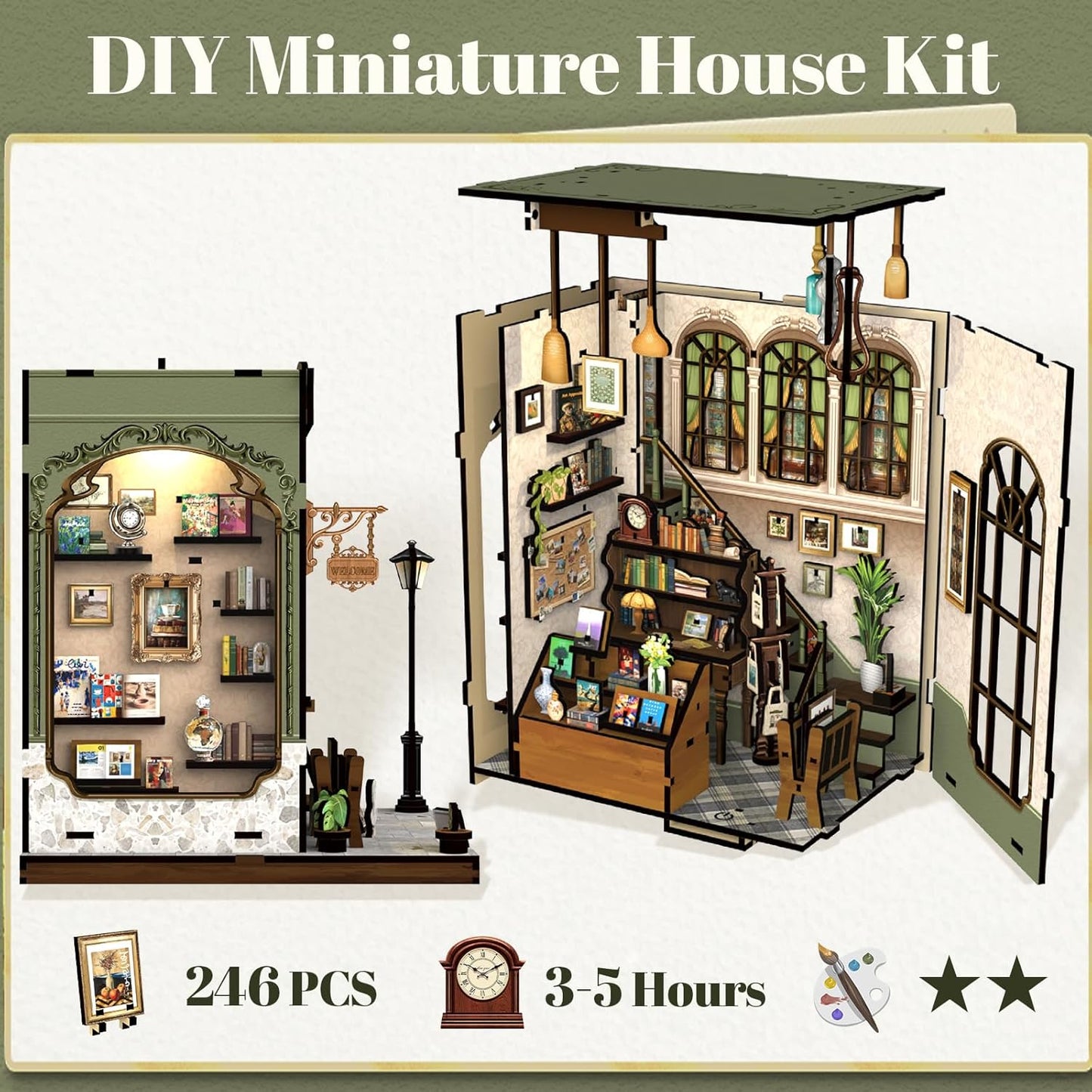 Fsolis Book Nook Kit - DIY Miniature House Kit for Adults Mini House Tiny 3D Puzzles for Bookshelf Diorama Decor Gifts for Women Teenagers Book Lovers (Gallery Bookstore)