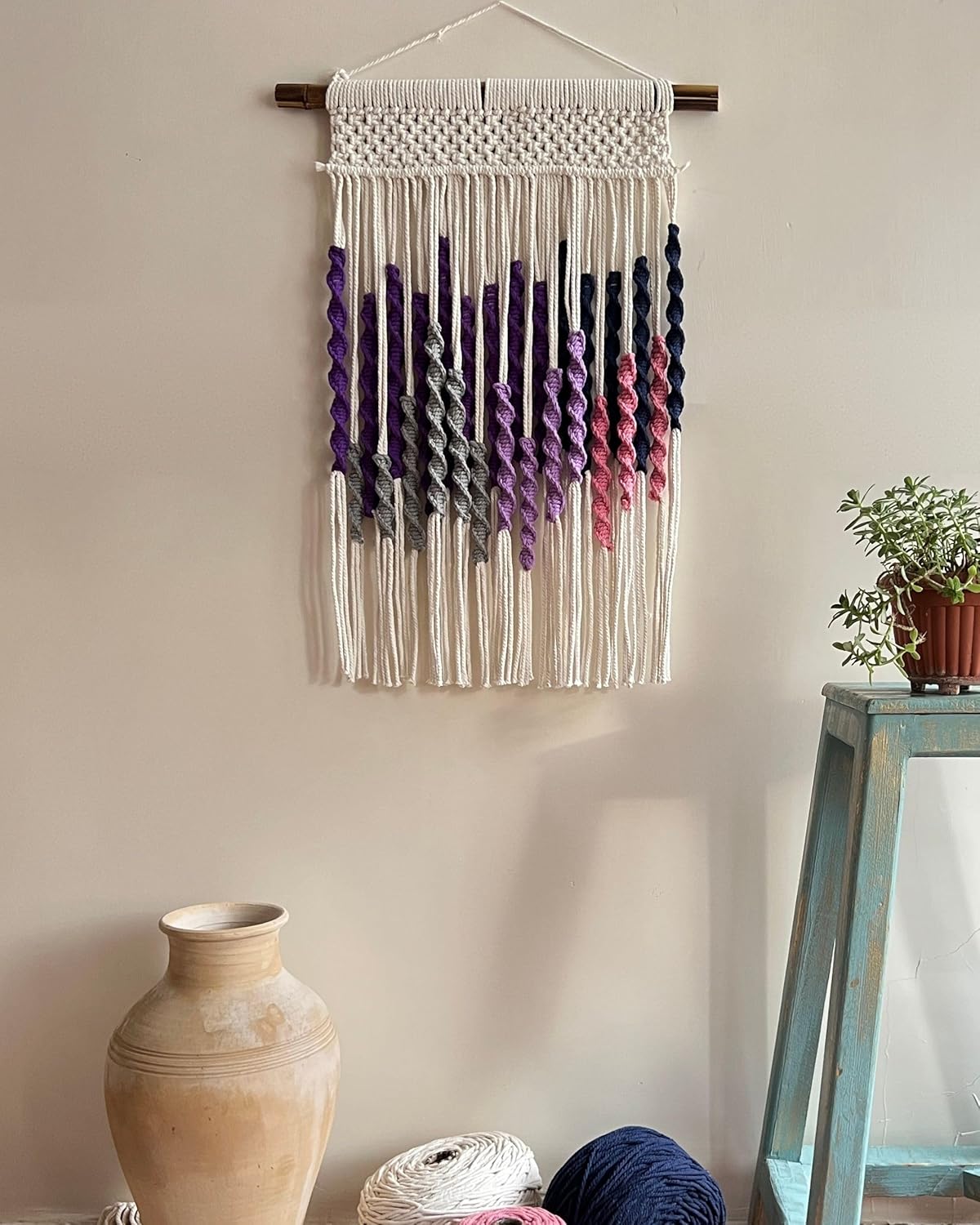 Knots & Beyond Purple Macrame Wall Hanging with Driftwood Dowel, Bohemian Tapestry Wall Art with Rod, Boho Wall Decor Above Bed, 22" x 32"