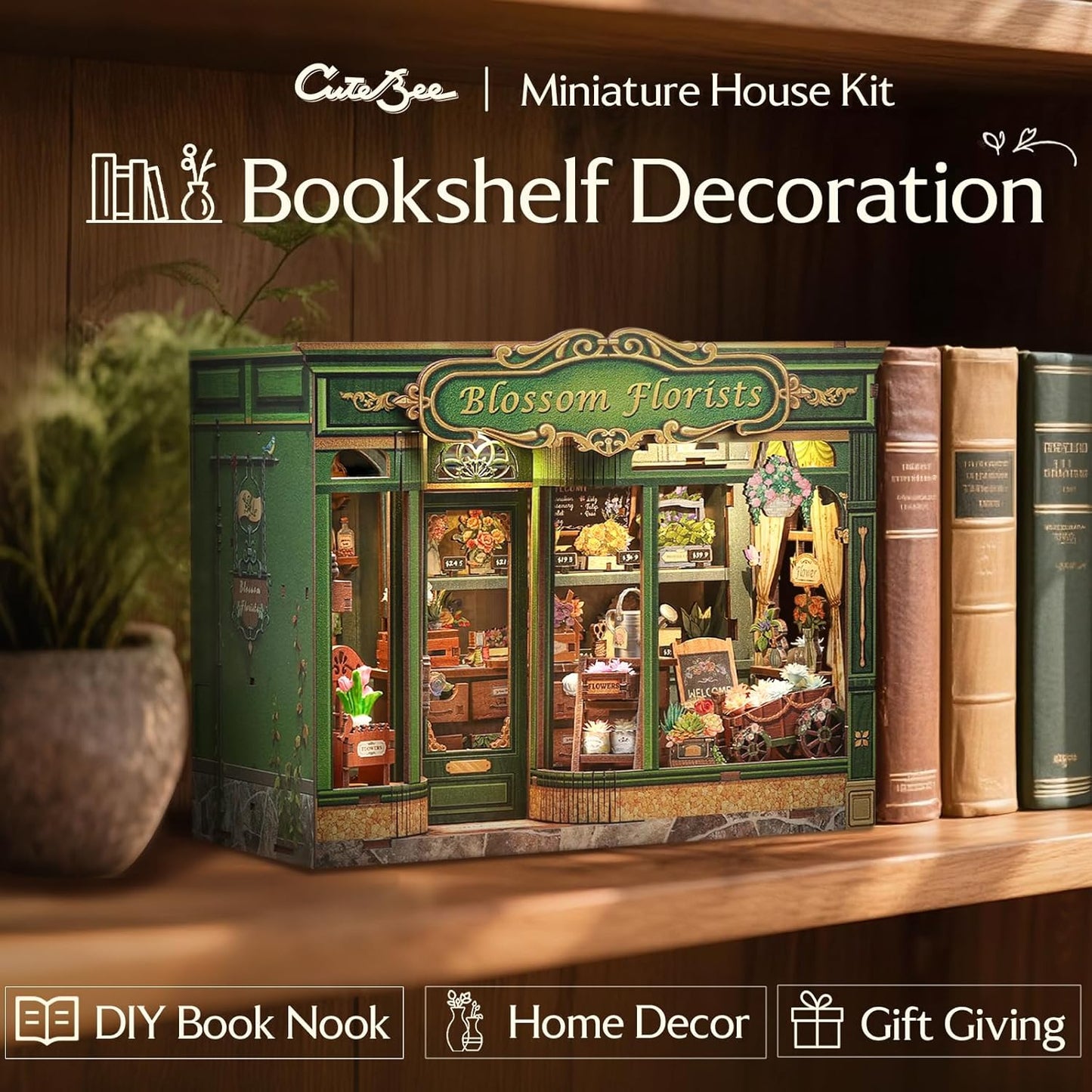 CUTEBEE Book Nook Kit - DIY Miniature House Dollhouse Kit for Adults and Teens, Booknook Tiny House Bookshelf Decor 3D Wooden Puzzle, Gifts for Family, Friends (Blossom Florists)