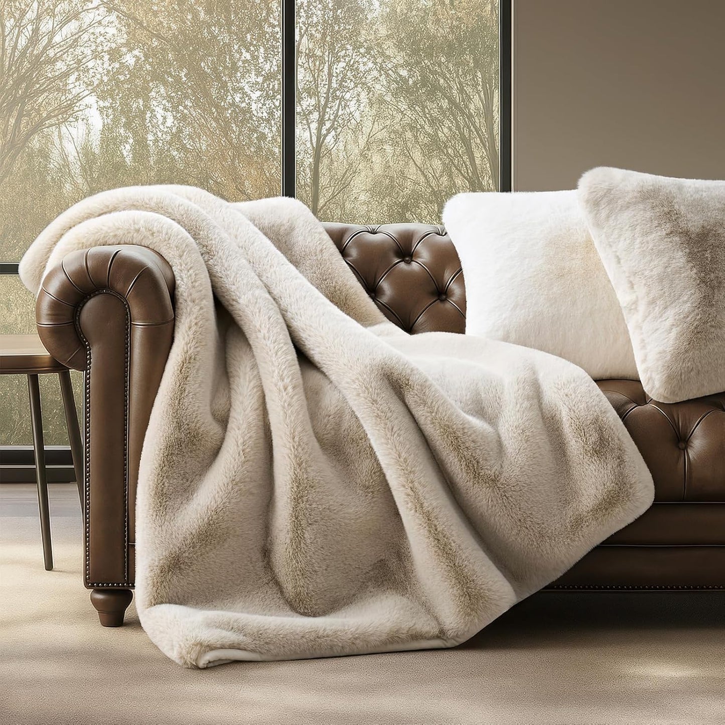 EVERGRACEHOME Luxury Soft Faux Chinchilla Fur Throw Blanket for Couch, Warm Thick Heavy Winter Throw Blanket 1220GSM for Bed, Fluffy Cozy Mink Blanket with Reversible Velvet, Birch Mink, 60"x80"
