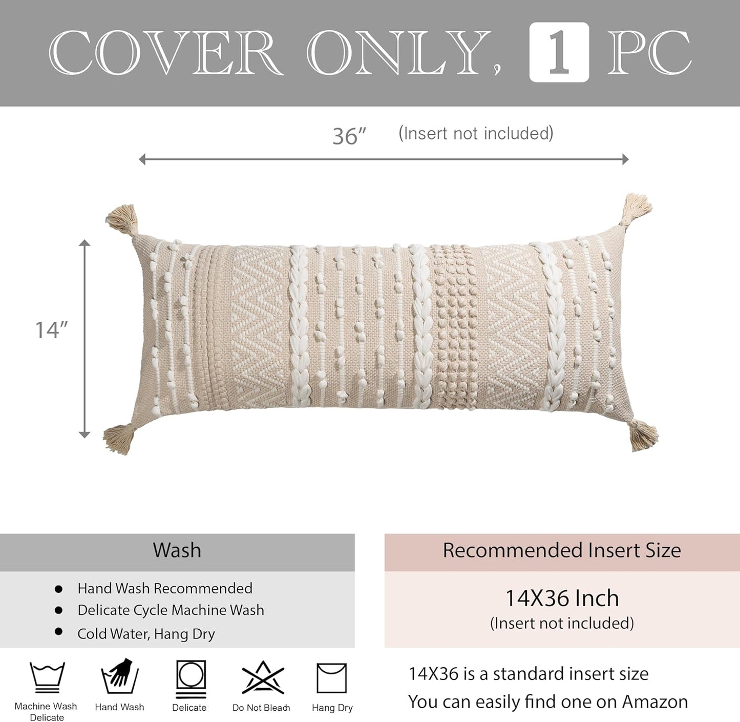 BlissBlush Cream Decorative Lumbar Throw Pillow Cover 14x36 Boho Long Cushion for Bed Neutral Beige White Accent Modern Farmhouse Pillowcase for Bedroom Living Room Couch Sofa Home Décor Cover ONLY
