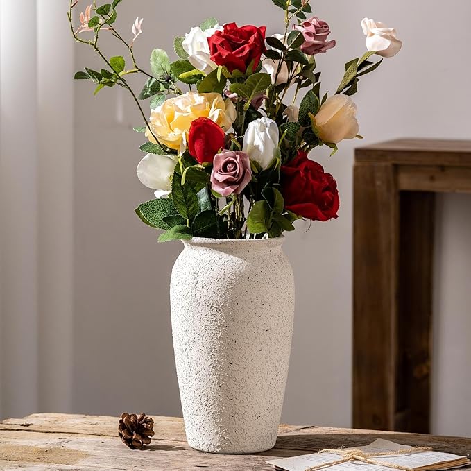 Rustic Farmhouse Flower Large Ceramic Vase, Vintage Pampas Grass Vase, White Modern Decorative Ceramic Flower Vase for Home Decor, Table, Living Room Decoration, Shelf Decor, Mantel, 9.8 Inch