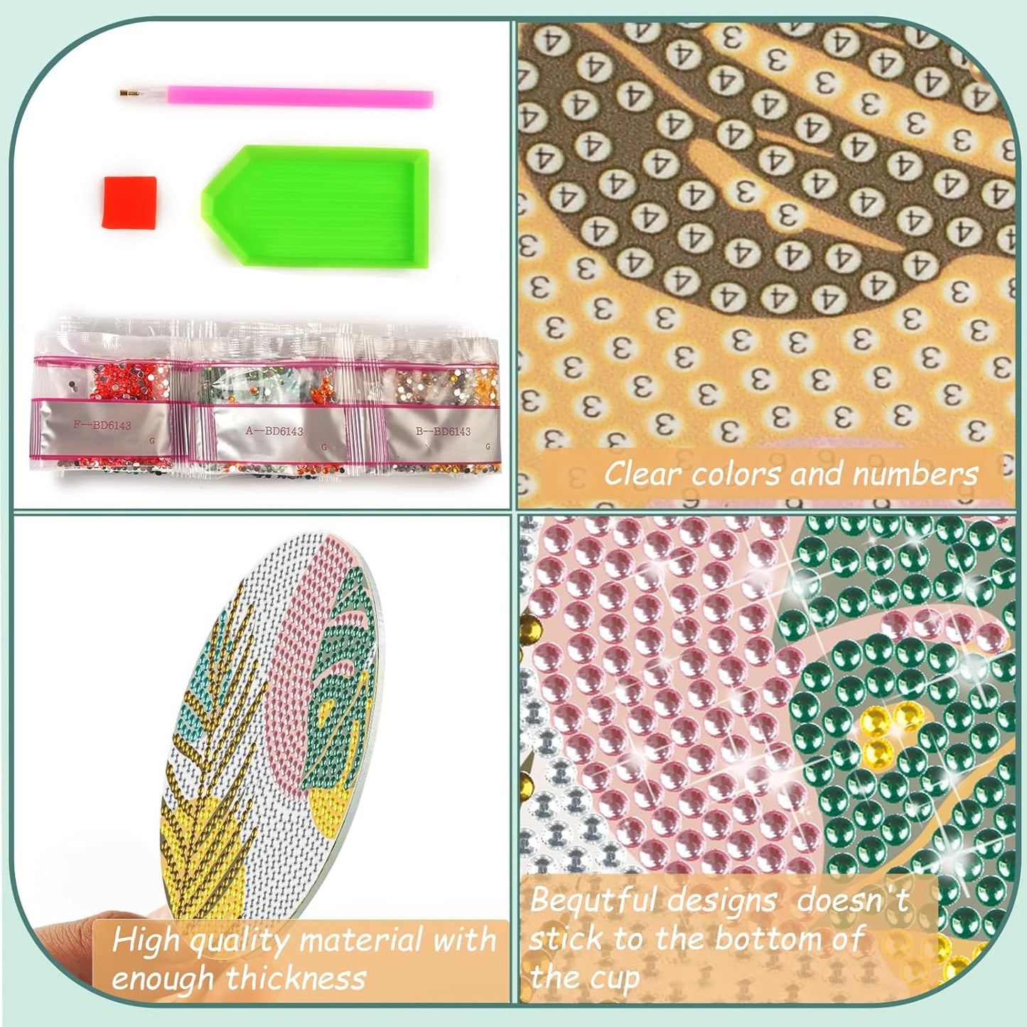 DIY Diamond Art Coasters with Holder, Boho Diamond Coasters Painting Coasters, Colorful Leaves Painting Kits for for Adults, Diamond Art Craft Kits (8 Pcs Pink Leaf Style with Holder)