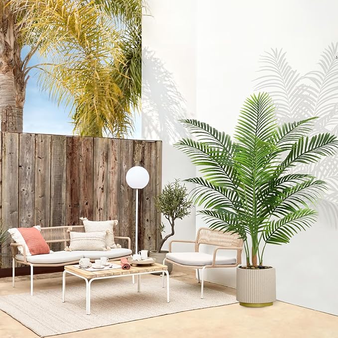 2 Pack Artificial Palm Tree Indoor Plant 4FT Tall Fake Tropical Palm Tree in Pot, Real Bark Design Faux Areca Palm Tree for Home Office Living Room Bedroom Farmhouse Modern Outdoor Topiary Tree