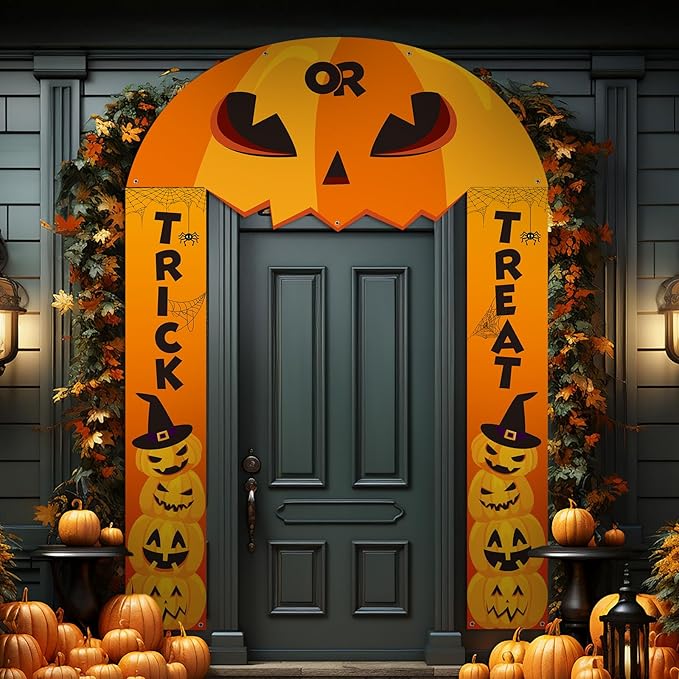 3 Pcs Halloween Cemetery Archway Halloween Cemetery Banners Gothic Outdoor Banners Sign Banner Decorations for Outdoor Party Supplies (Pumpkin)