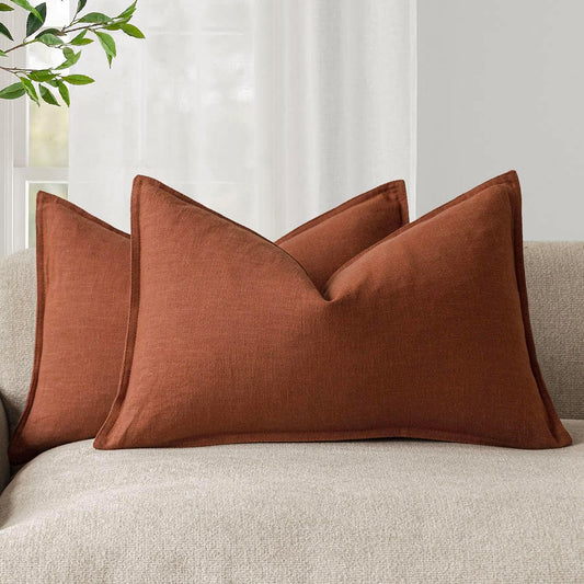 Foindtower Pack of 2, Decorative Linen Soild Throw Pillow Covers Accent Lumbar Cushion Case Boho Farmhouse Pillowcase for Chair Couch Sofa Bedroom Living Room Home Decor 12 x 20 Inch Fall Rust Orange