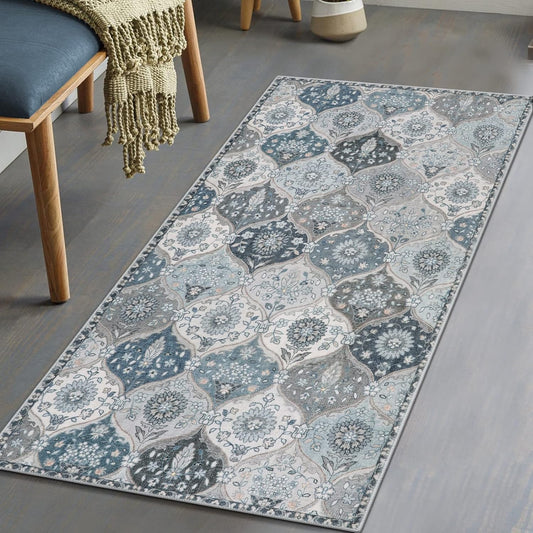 Lahome Moroccan Trellis Small Area Rug, 2x4 Rugs for Entryway Non-Slip Vintage Ultra-Thin Washable Indoor Door Mat Distressed Throw Carpet for Bathroom Kitchen Bedroom, Blue