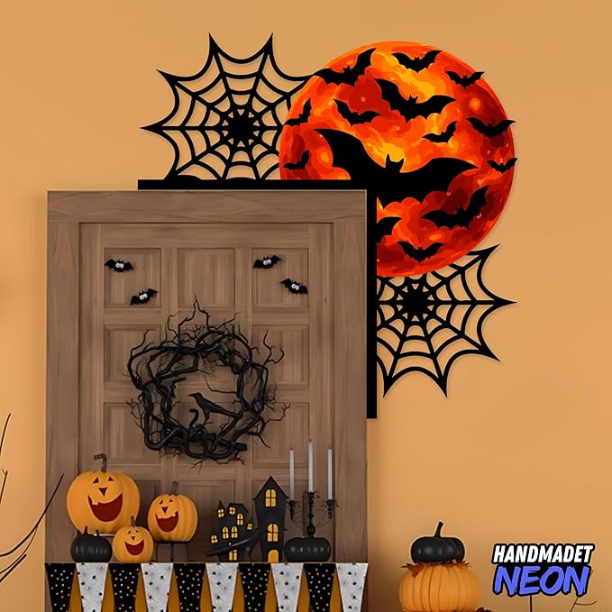 Personalized Metal Halloween Door Toppers, Custom Bat and Spider Web Spooky Door Corner Sign, Doors Frame Halloween Theme Party Decorative Funny Creative Silhouette Wall Art Decor