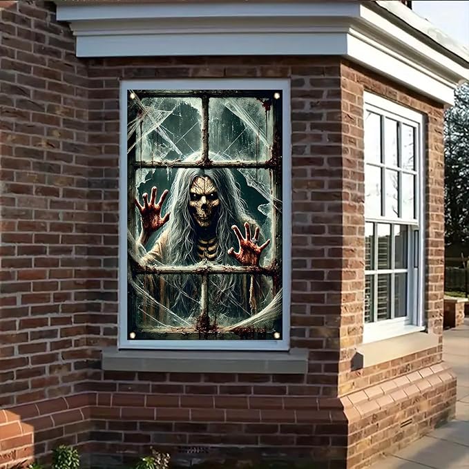 Window Cover Halloween 47x31 Inch Scary Skeleton Ghost Bloody Handprint Banner Creepy Horror Window Decoration for Haunted House Indoor Outdoor Poster Porch Decor