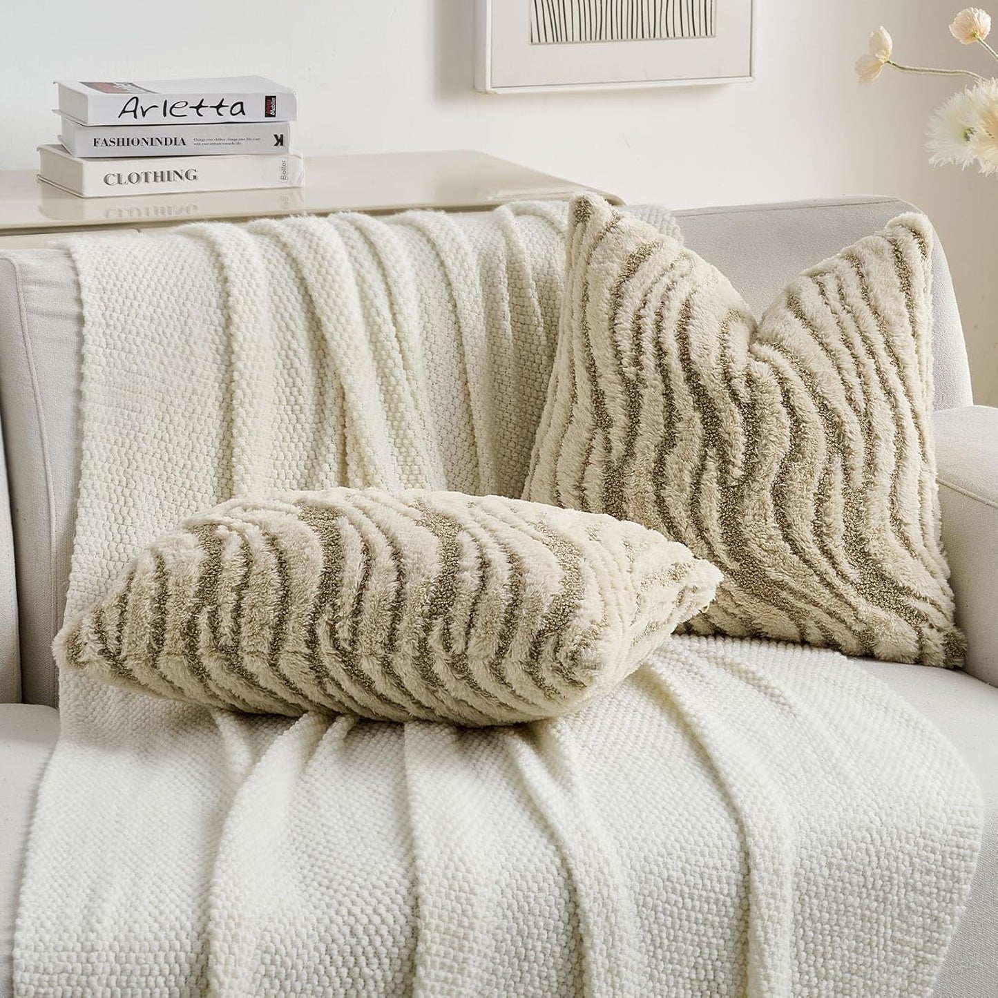 FUTEI Beige Decorative Throw Pillow Covers 20x20 Inch Set of 2,Soft Faux Fur Geometric Shapes Texture Cushion Case,Boho Home Decor for Couch Bed Living Room