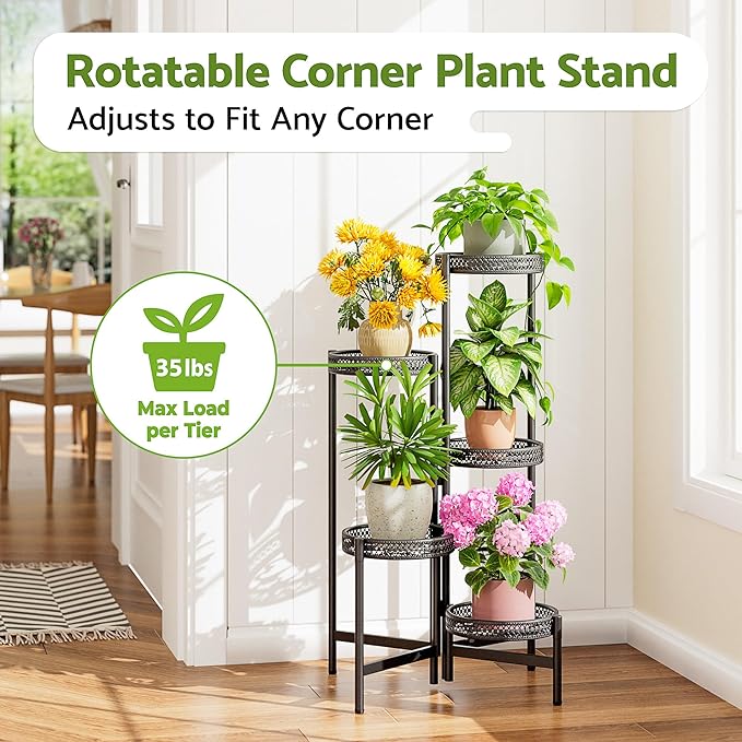 Plant Stand Indoor Outdoor, 5 Tier Corner Metal Flower Display Holder Shelf, Folding Tall Rack for Patio Balcony Porch Garden Living Room House, Heavy Duty Wrought Iron Plant Shelf- BlackWave
