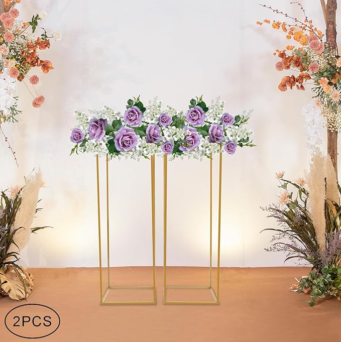 2 Pcs Metal Flower Stand for Wedding Centerpieces Stand Column Vases Wedding Flower Stand Rectangular Geometric Gold Centerpieces Stands for Wedding Decorations Home Party Event (2Pcs 31.49inch)