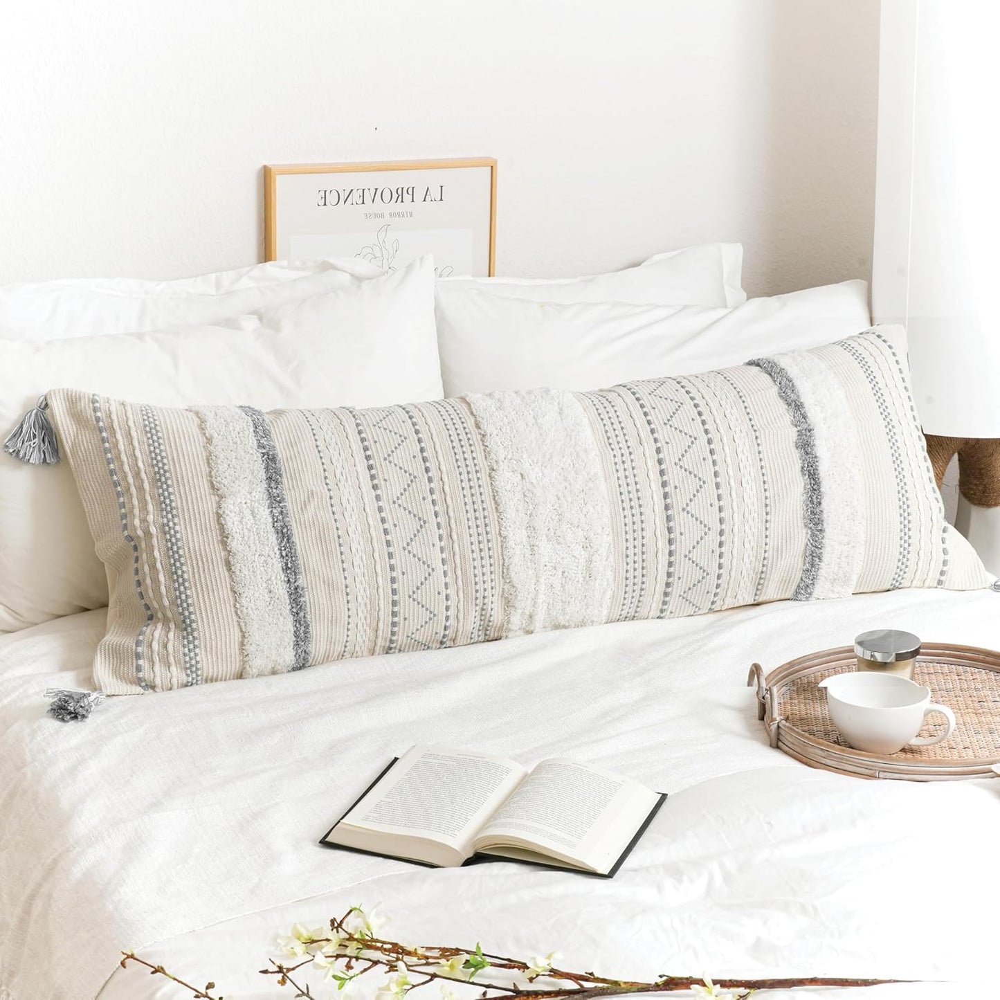 BlissBlush Large Body Pillow Cover for Bed 20x54 Gray Boho Accent Oversized Long Pillowcase for Bedroom Neutral White Decorative Cushion Farmhouse Home Décor (Cover ONLY, Pack of 1)