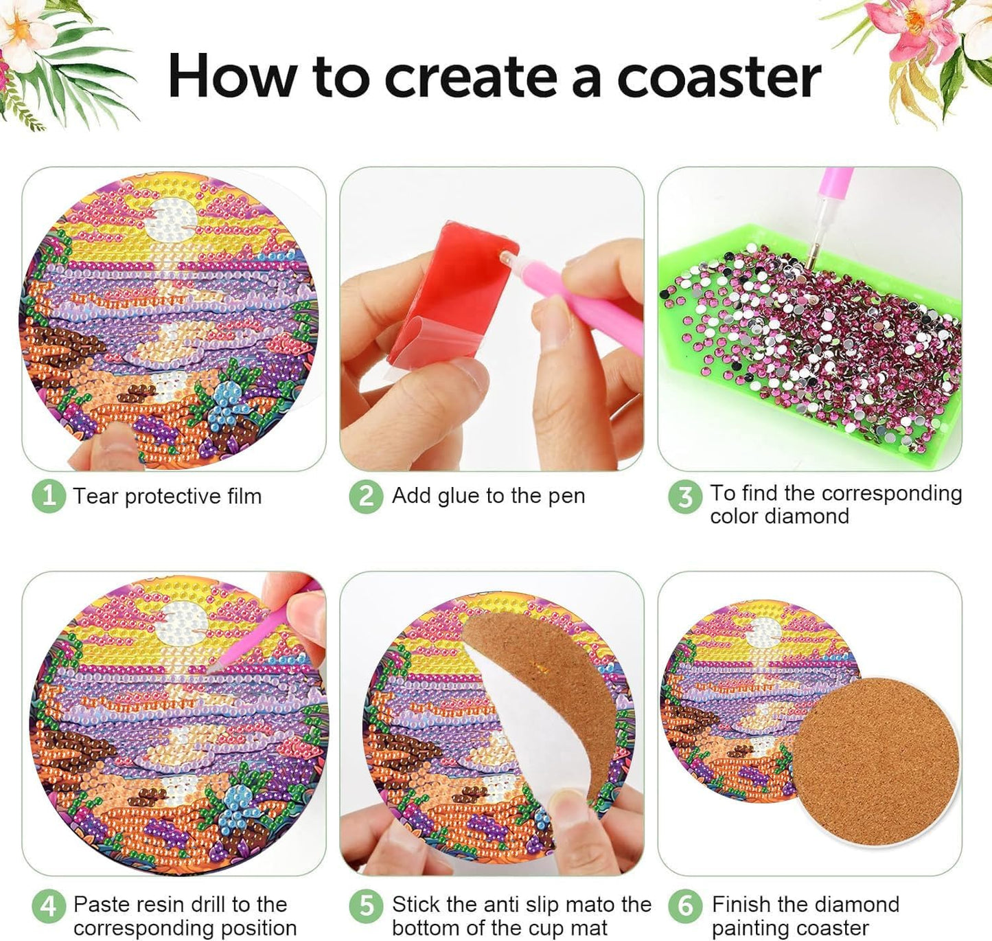 Meothan 8 Pcs Diamond Art Coasters kit with Holder Cork Pads, Diamond Dot Art Painting Coasters Kit for Adults (Sunset Beach)