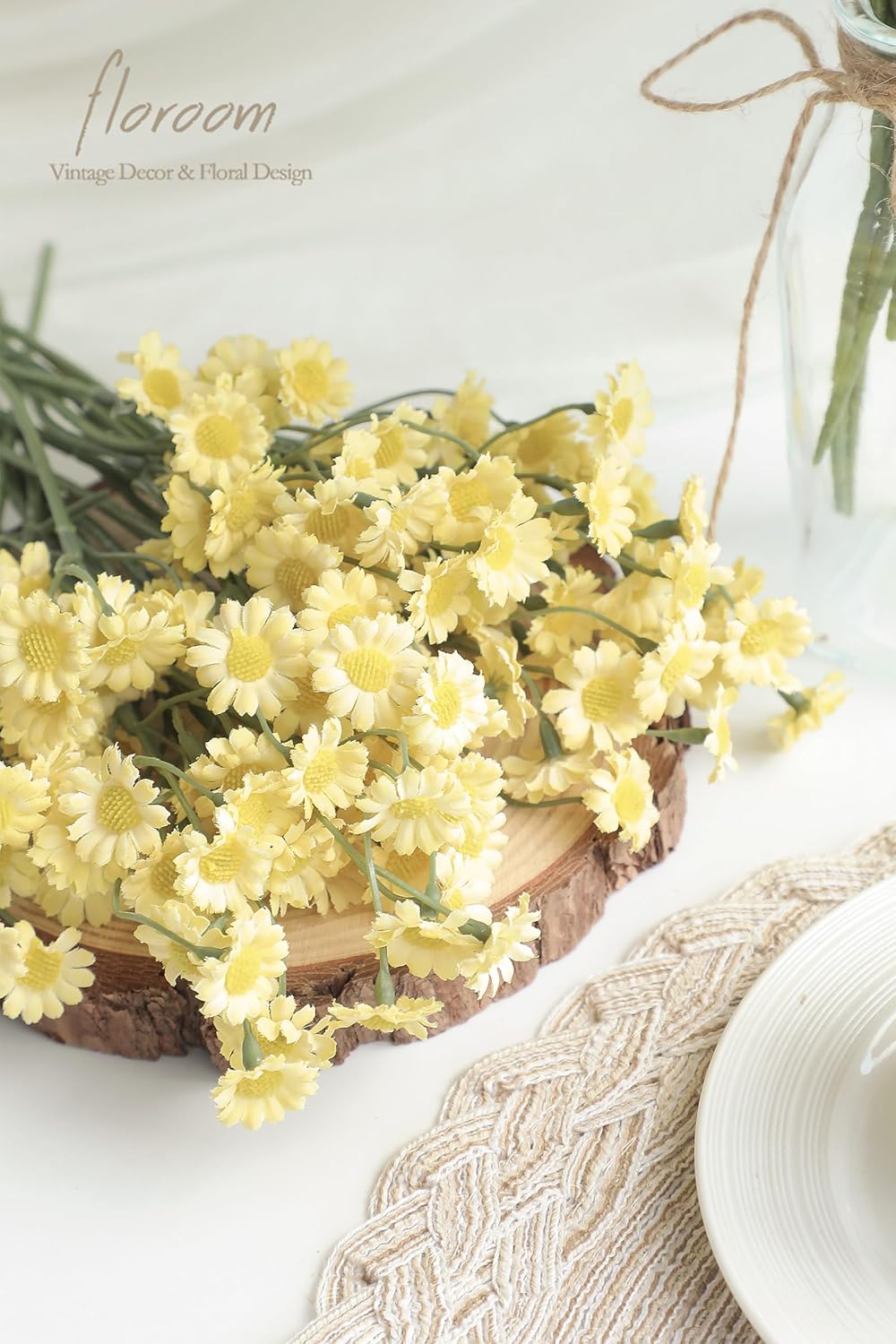 Floroom 24pcs Yellow Small Artificial Flowers Faux Silk Daisies Fake Wildflowers with Stems for DIY Wedding Bouquets Floral Arrangements Party Decor Centerpieces Decorations (Vase Not Included)