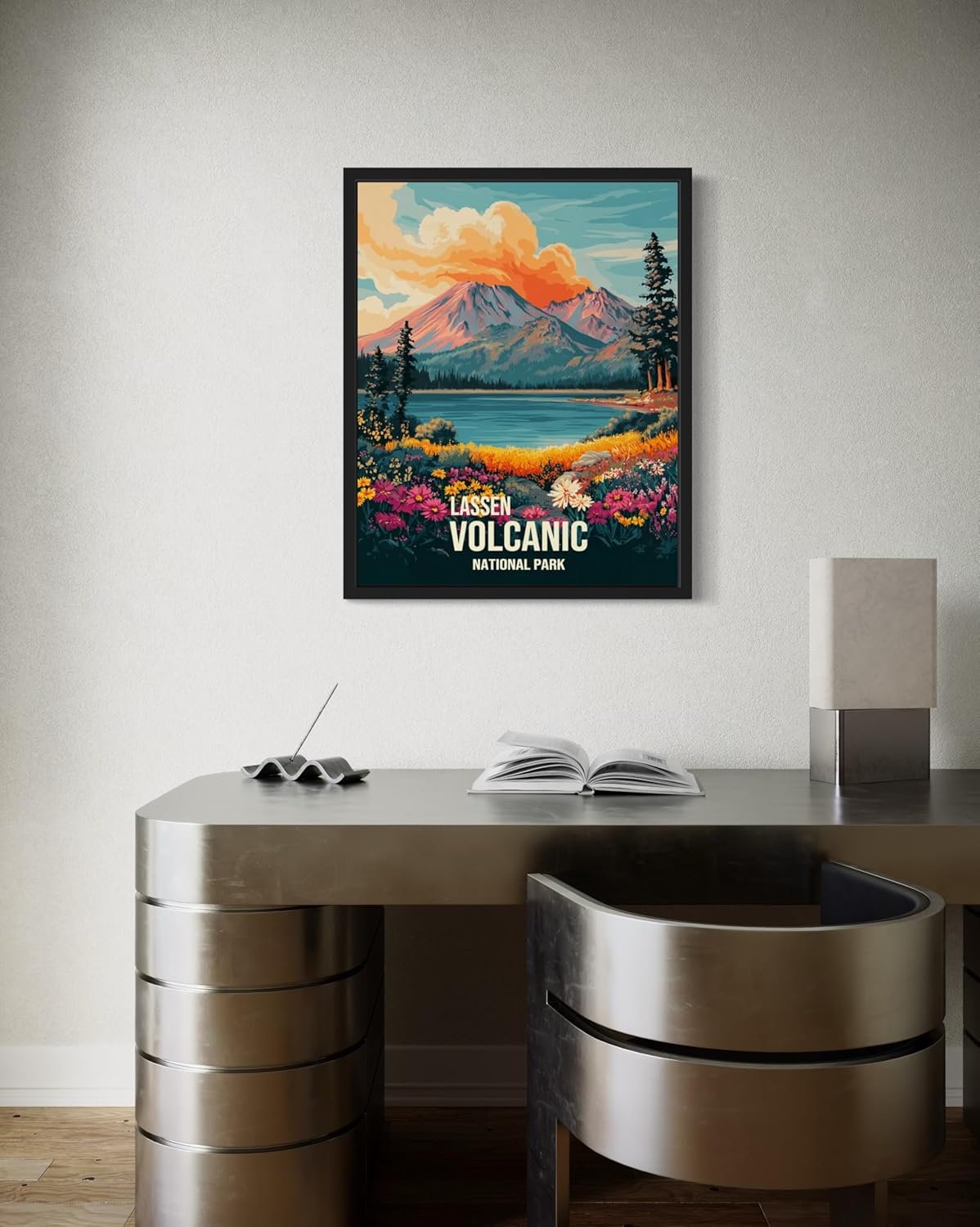 Lassen Volcanic National Park Art Print Poster, Vintage Retro Pop Art Travel Wall Art Bedroom Bathroom Living Room Decor 185 (Lassen Volcanic, 24 x 36 inches, Black Frame)