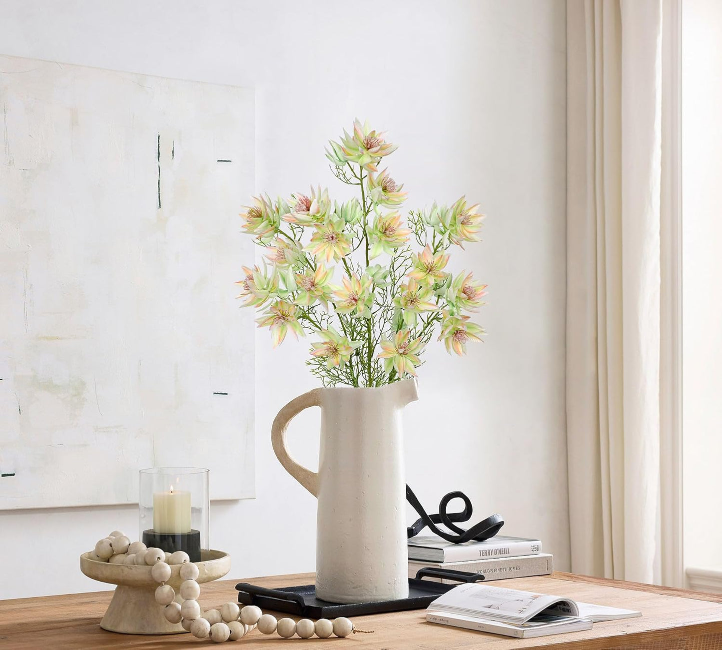 Hollyone 3Pcs Green-Pink Artificial Flowers Silk 26.3" Fake Protea Flower with Long Stem Faux Flowers Arrangement Branch with 6 Heads for DIY Wedding Party Centerpiece Floral Bouquets Table Home Decor