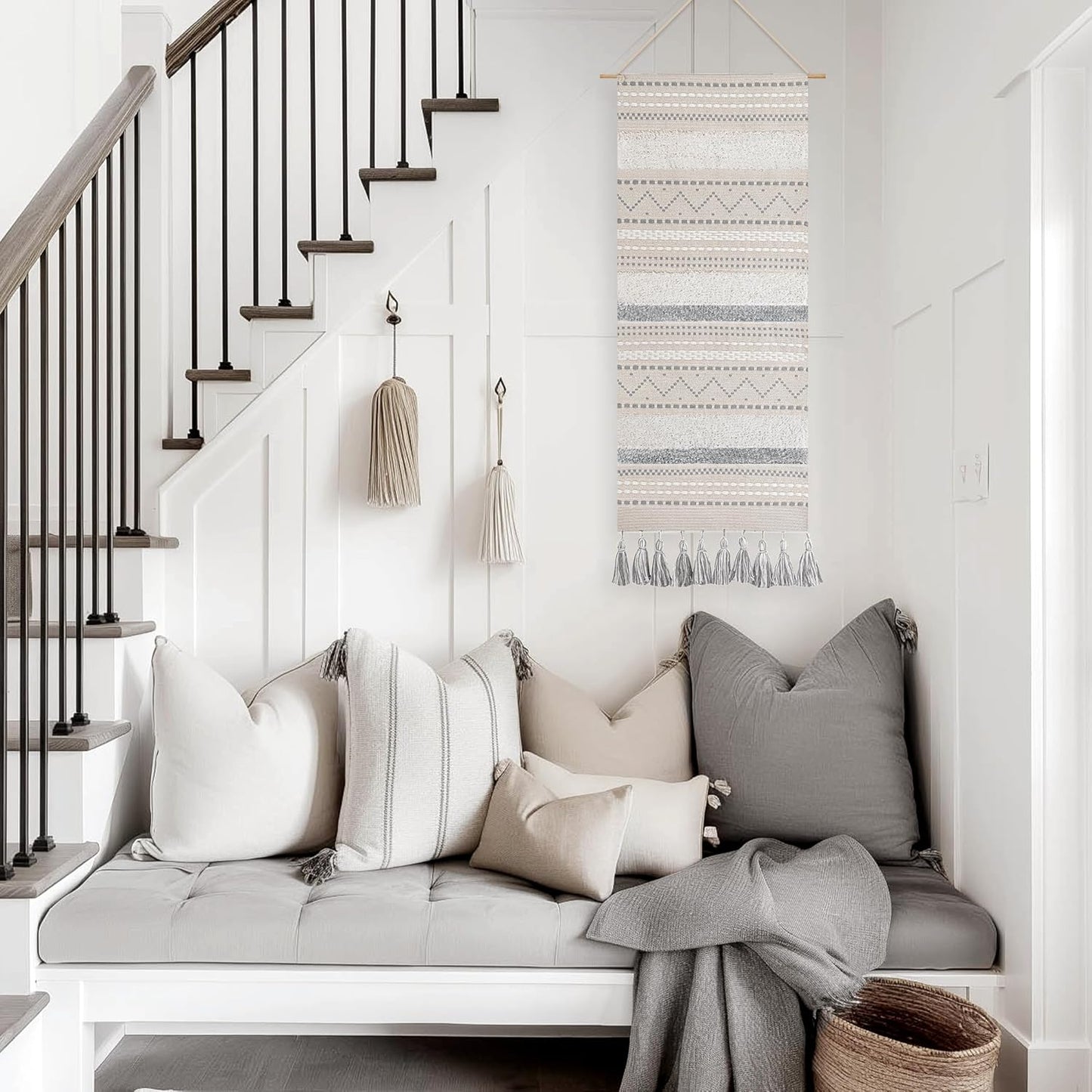 BlissBlush Long Vertical Wall Hanging Tapestry Woven Boho Farmhouse Decor Gray Cream Tassel Handmade Wall Art Decoration for Bedroom Living Room Dorm Nursery Apartment, 16x39 INCH