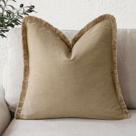 Foindtower Decorative Linen Fringe Throw Pillow Covers Boho Farmhouse Cushion Cover with Tassels Soft Accent Pillowcase for Chair Sofa Bed Living Room Home Decor, 18×18 Inch, 1PC,Light Khaki Taupe