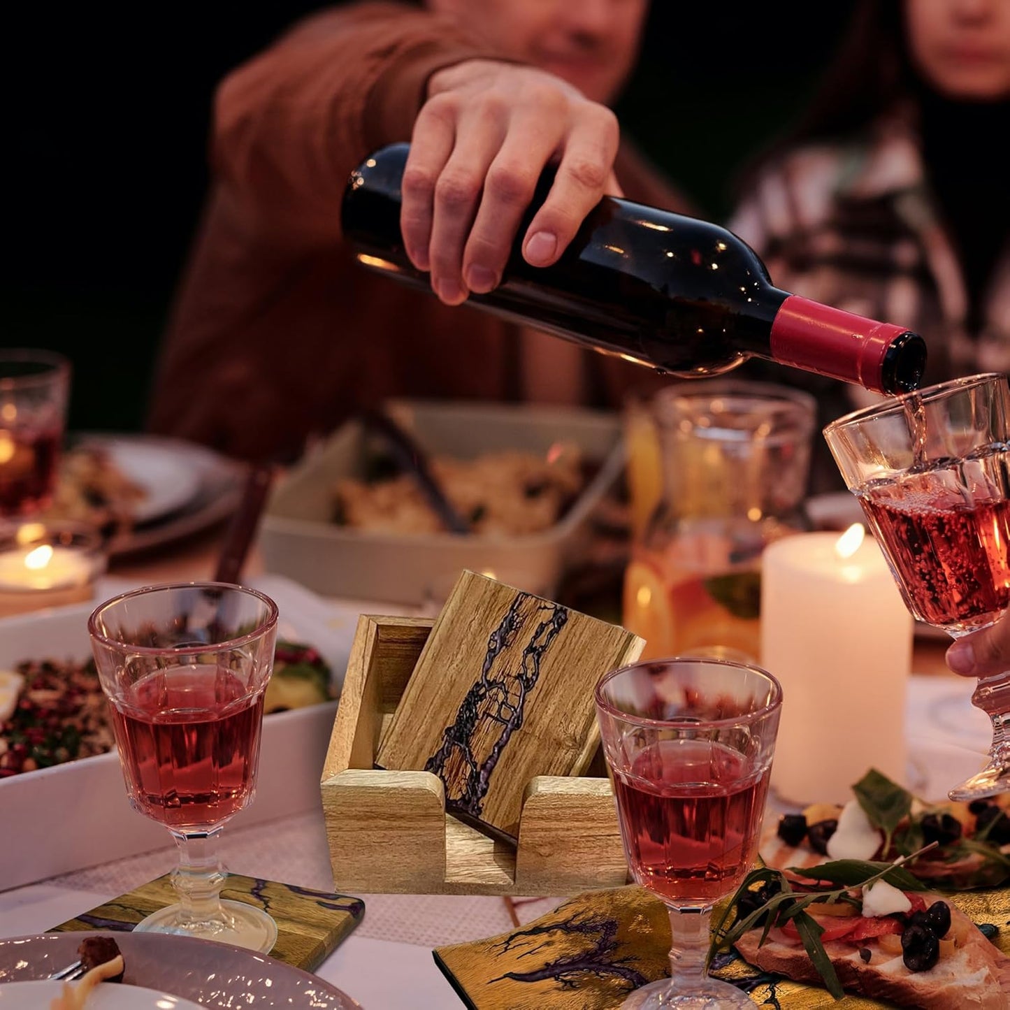 Beautiful Epoxy Resin and Wood Coaster Set - Ideal for Tabletop Protection - Enhance Your Coffee Table Decor - (Frcatal Burning Pink)