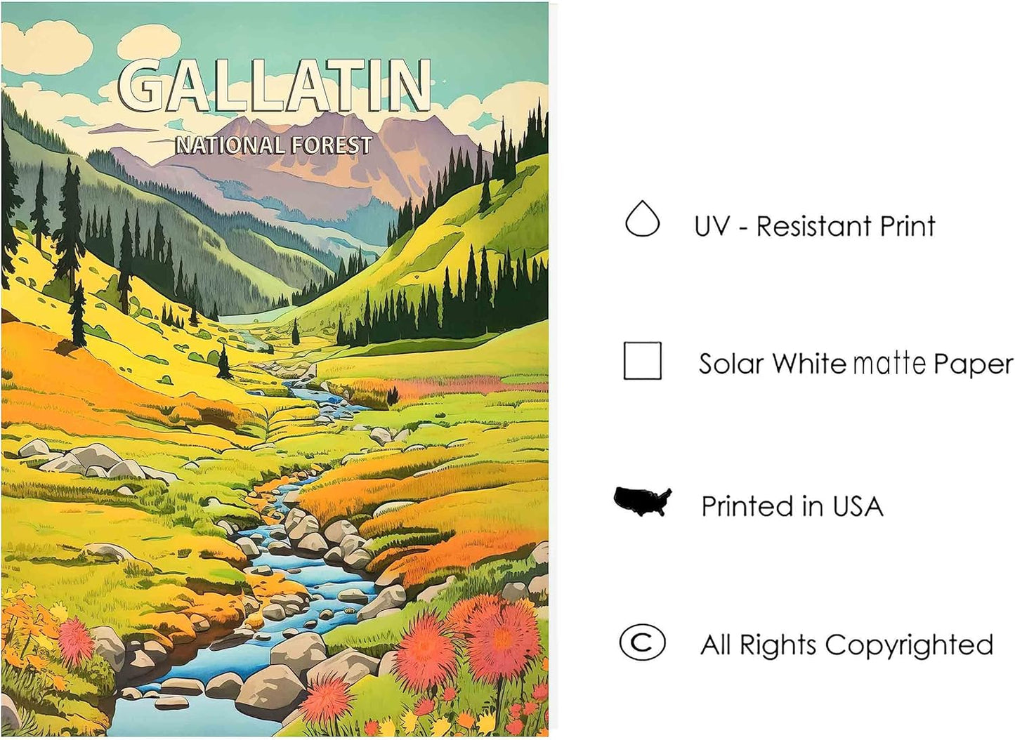 Gallatin National Forest Poster Art Print Retro Mountain Wall Art Poster Vintage Decor Nature Recreation Wilderness Wildlife Decoration, Outdoor Adventure Scenic Beauty Artwork. (Gallatin National