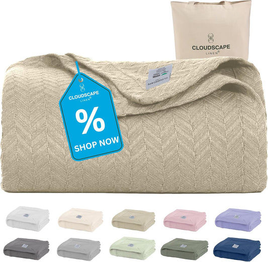 Cloud Scape Linen 100% Cotton Blanket King Size for Bed – Lightweight All Season Blanket, Herringbone Weave, for Women, Mom, Men, fits California King, 92x108, Beige Fog
