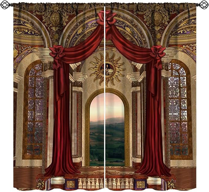 Gothic Blackout Curtains，Red Fantasy Palace Pattern Drapes Window 2 Panel Rod Pocket Curtain for Bedroom Living Room Decor 21" W X 45" L