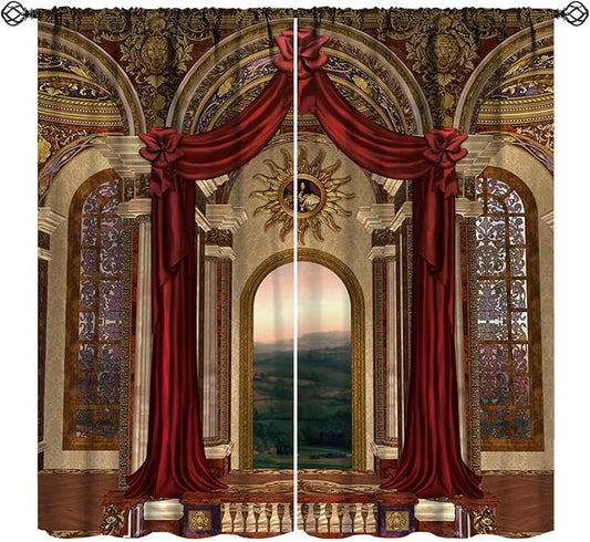 Gothic Blackout Curtains，Red Fantasy Palace Pattern Drapes Window 2 Panel Rod Pocket Curtain for Bedroom Living Room Decor 21" W X 45" L