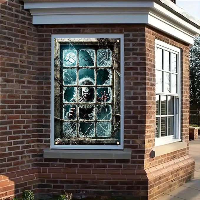 47x31 Inch Halloween Spooky Clown Window Cover Decoration Creepy Clown Horror Backdrop with Broken Glass Spooky Window Poster for Haunted House Outdoor Party Scary Theme Yard Decor