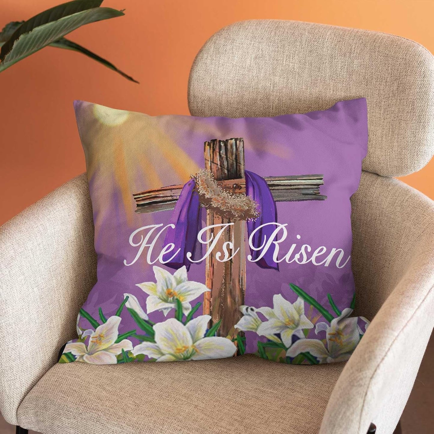 He is Risen Throw Pillow Cover Religious Easter Cross Jesus Lily Pillow Cover,Easter Spring Lily Pillow Covers Home Decorative Sofa Pillow Case 18x18 Inch