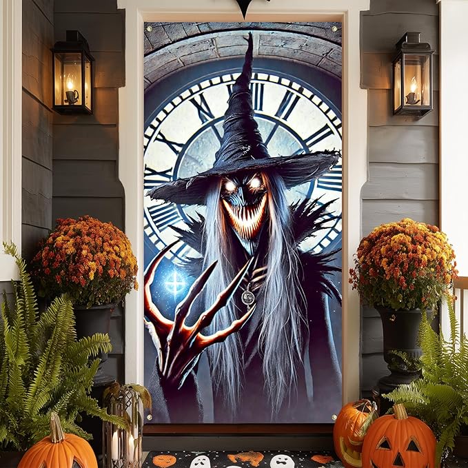 IVN Halloween Door Cover Clock Tower Witch Horror Enchanted Night Decor Photot Backdrop 35x71 Inch Festive Ornate Ornament Home Porch Decor Spooky Welcome Door Banner Outdoor Indoor Decoration