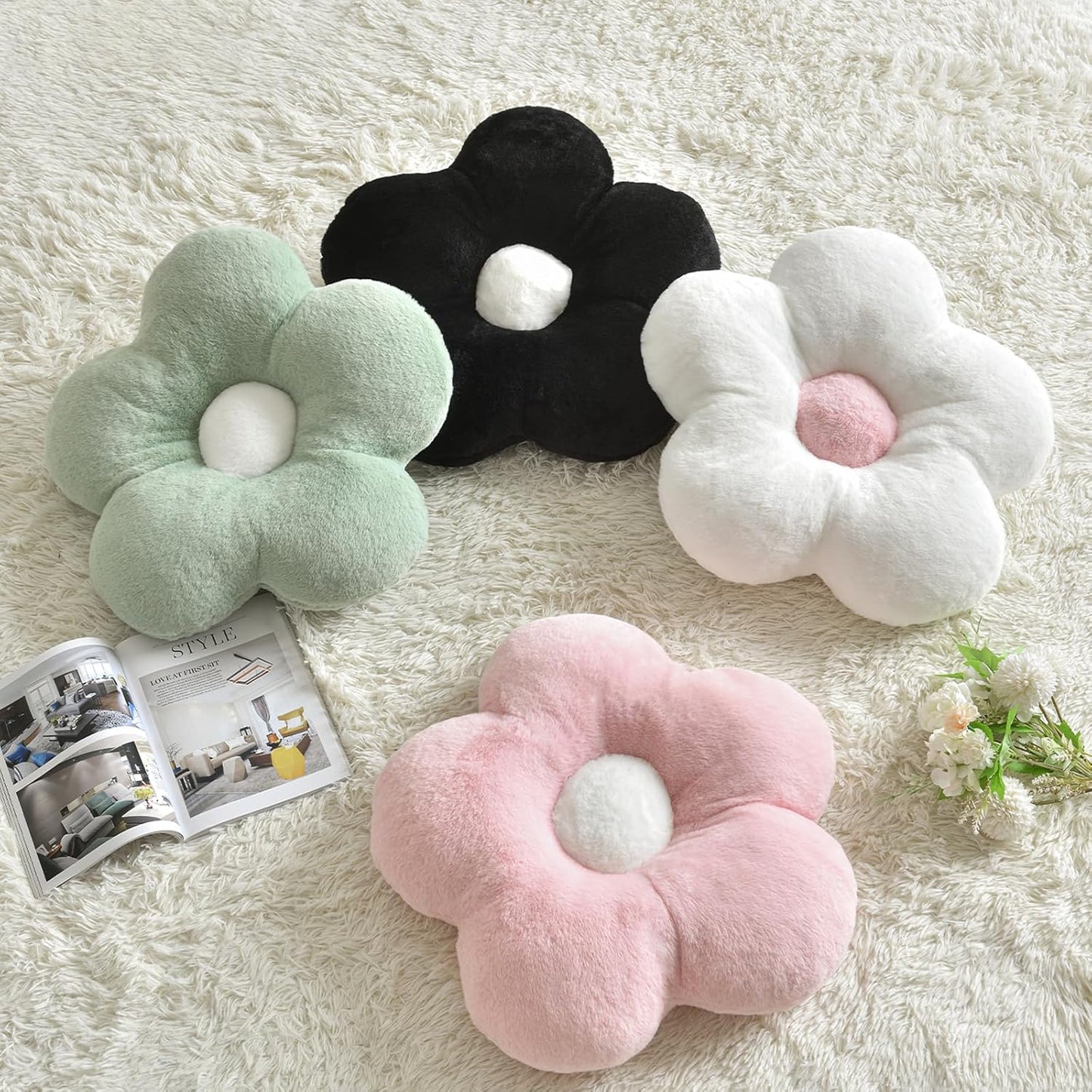 Flower Pillows, Soft Flower Shaped Pillow with Home Decorative for Couch Chair Bed,Flower Floor Throw Pillows for Adults Bedroom Living Room (Black, 15 Inches)