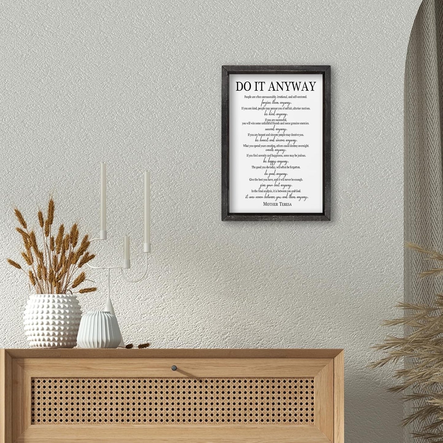 comurdyo Do It Anyway Wall Decor 16"x11" Mother Theresa Quotes Inspirational Sign Bible Verse Christian Motivational Modern Bedroom Vintage Wood Framed Farmhouse Wall Hanging Art (Black)