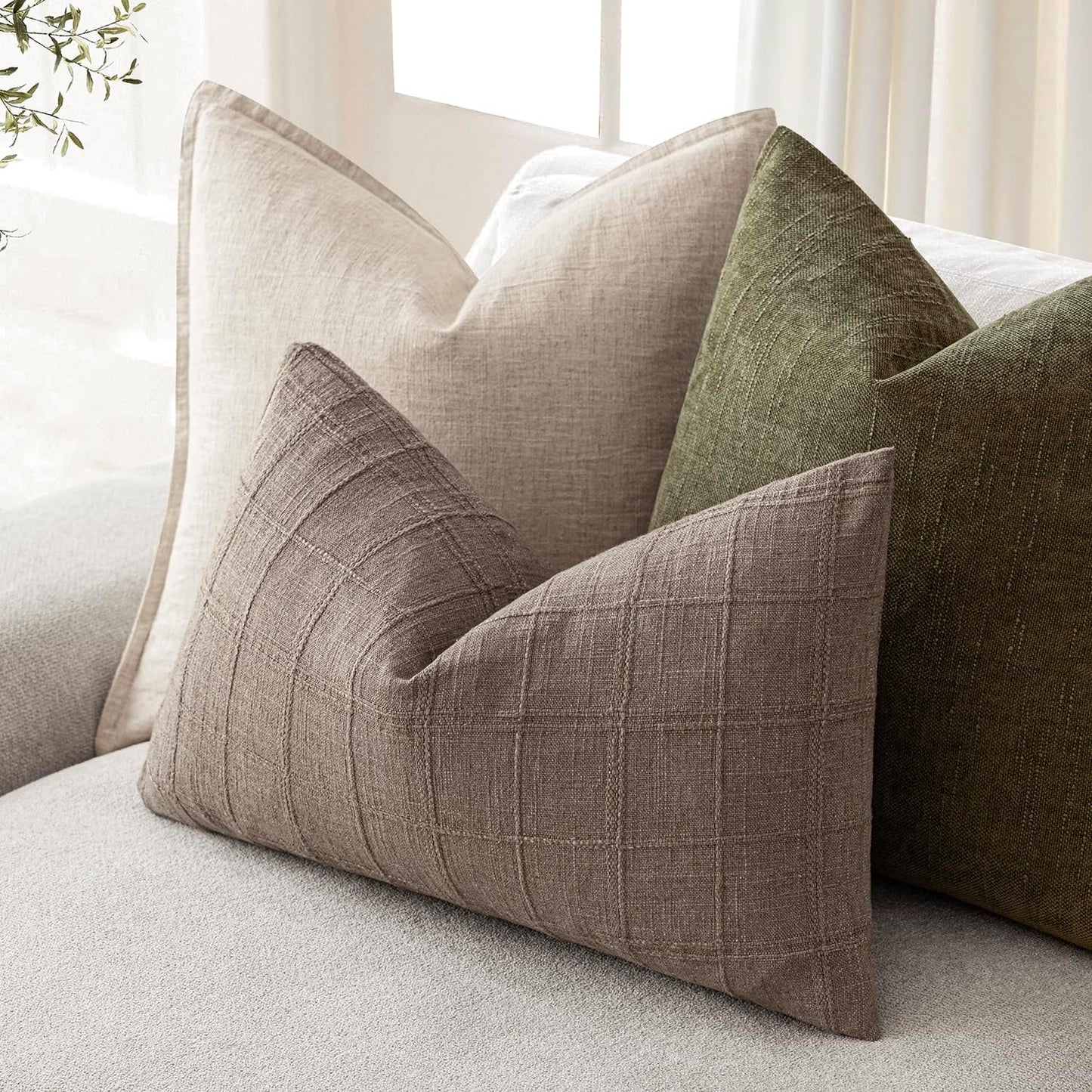 Foindtower Set of 2 Decorative Linen Check Throw Pillow Covers Neutral Farmhouse Lumbar Cushion Covers Modern Boho Home Decor for Sofa Chair Couch Bedroom Living Room,12×20 Inch,Tan Taupe