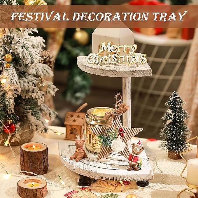 Tikea Decorative Wood Riser for Display, 2-Tier Farmhouse Corner Shelf for Kitchen Bathroom Counter Decor, Farmhouse Riser for Soap Dispenser, Decorations and Plant (White)