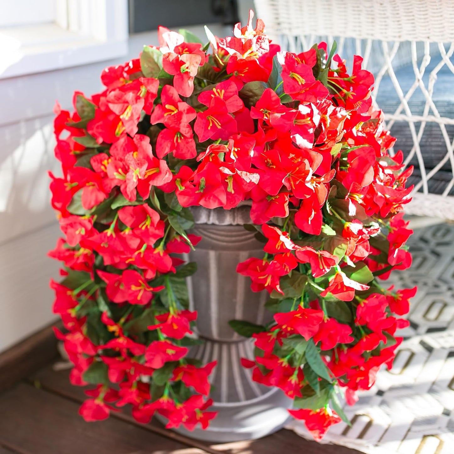HyeFlora Bougainvillea Artificial Hanging Flowers Plants for Outdoors Decoration, 2pcs Fake Flowers Silk Bougainvillea Vines Realistic UV Resistant Faux Flowers for Outdoor Planters Porch Patio, Red