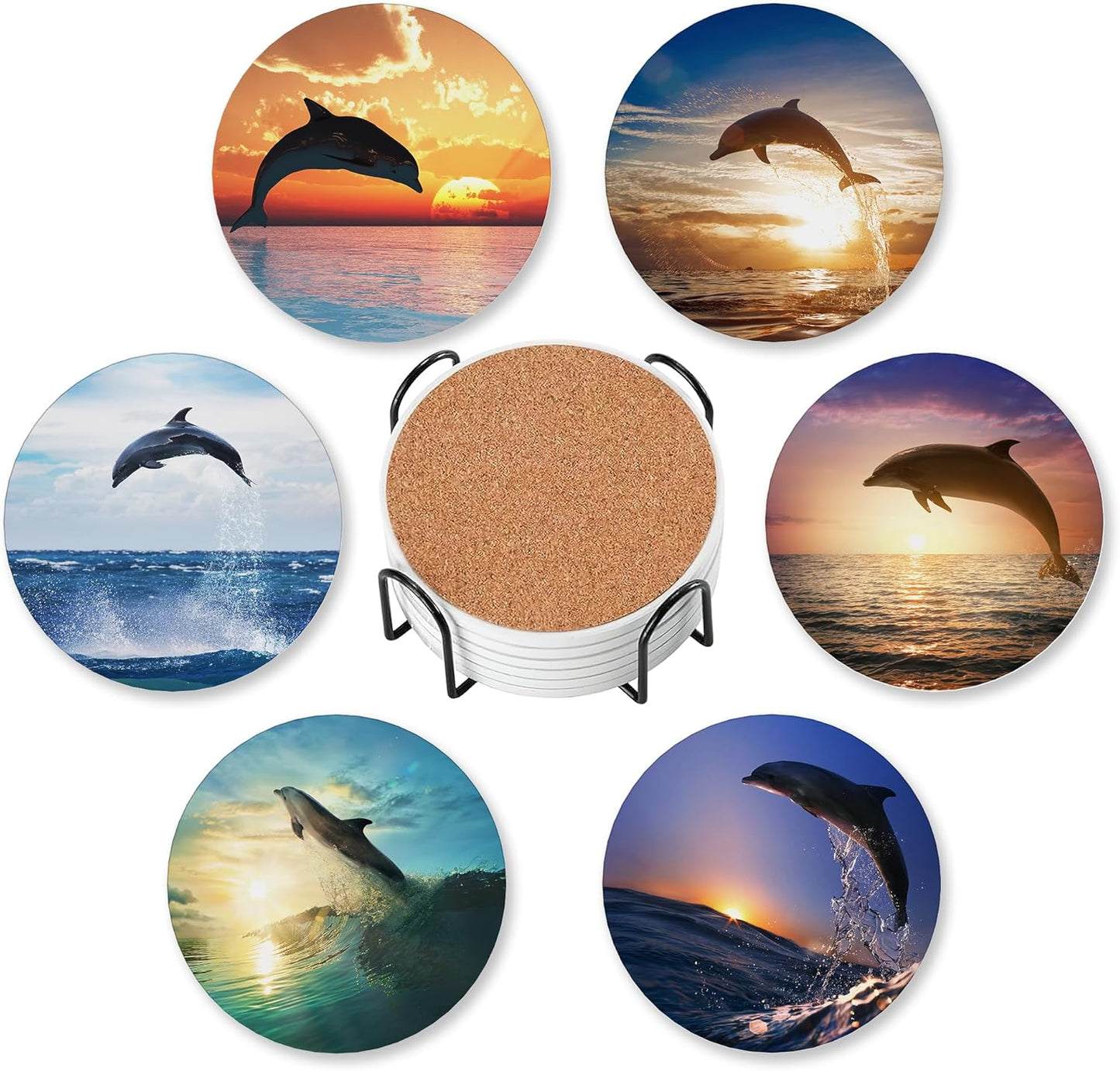 Dolphin Coasters for Drinks Absorbent with Holder,Jumping in Sea Under Sun Sets of 6 Durable Cup Coaster for Coffee Table Protection,Great Housewarming Birthday Gifts,Home Decor