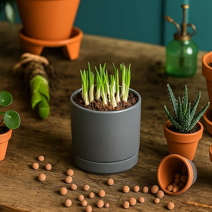 D'vine Dev 3.5 Inch Ceramic Planter Pot with Drainage Hole and Saucer, Indoor Cylinder Round Planter Pot, Speckled Grey, 94-O-A-3