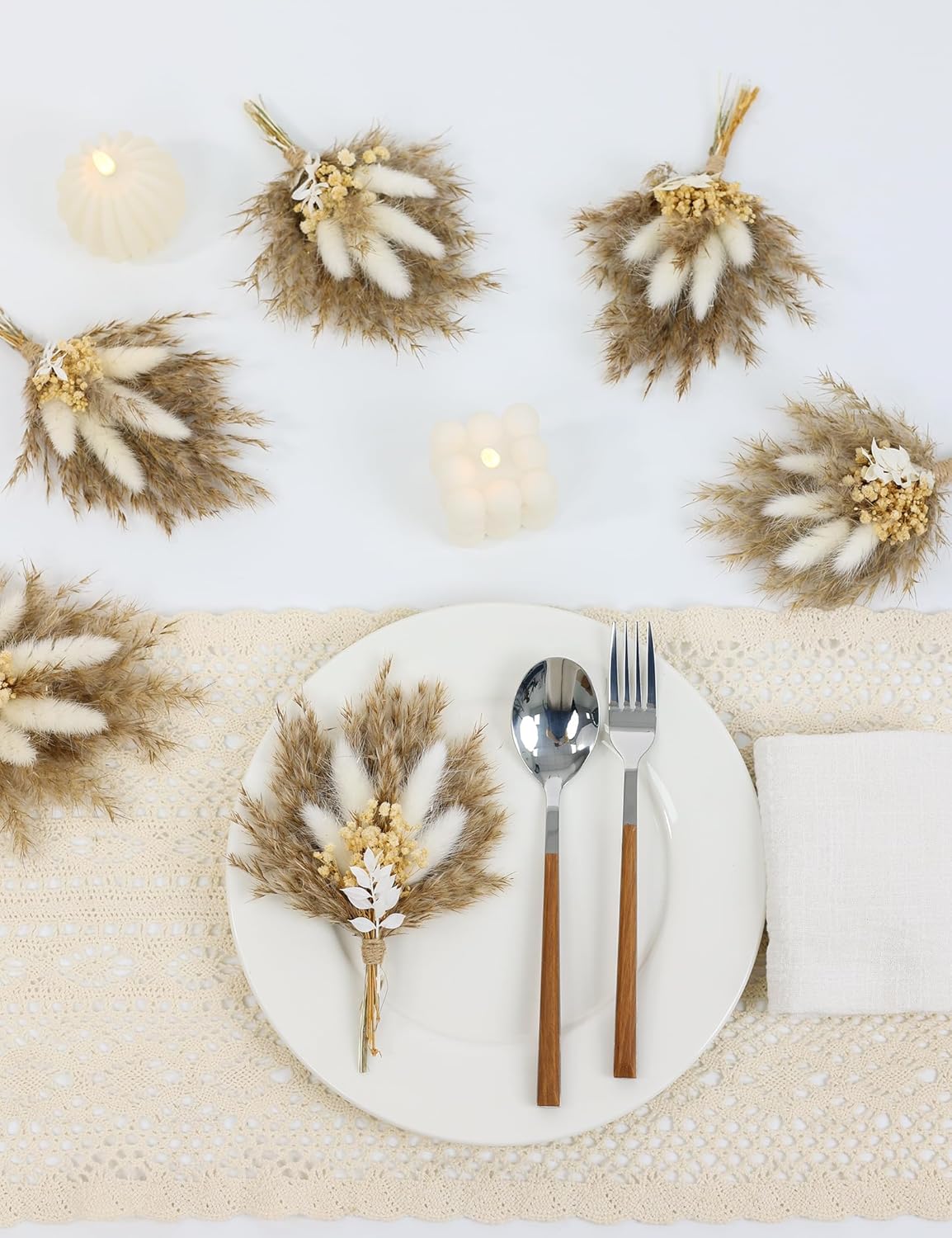 Mini Dried Flower Bouquet Set of 6, Boho Wedding Decor, Boutonniere for Men,Table Centerpieces, Dry Pampas Grass,Birthday Cake Flowers,Personalized Bridesmaid Gift Box,Small Bottles Decoration.(White)