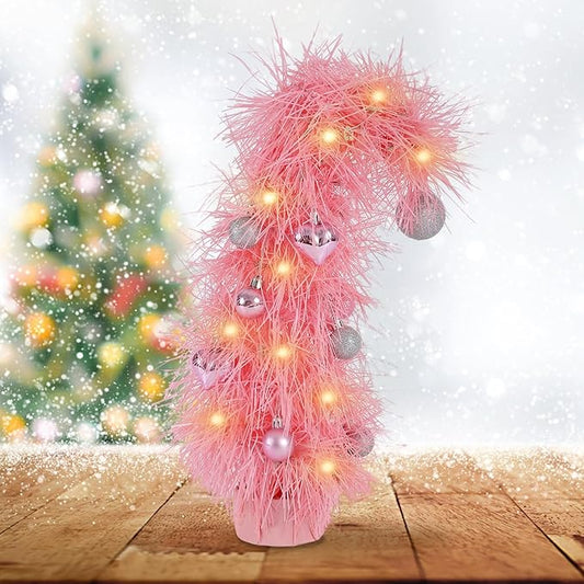 16 inch Pre-Lit Mini Christmas Tree with Ornaments Included, Pink Whimsical Artificial Tabletop Tree for Home, Office Desk & Holiday Decor