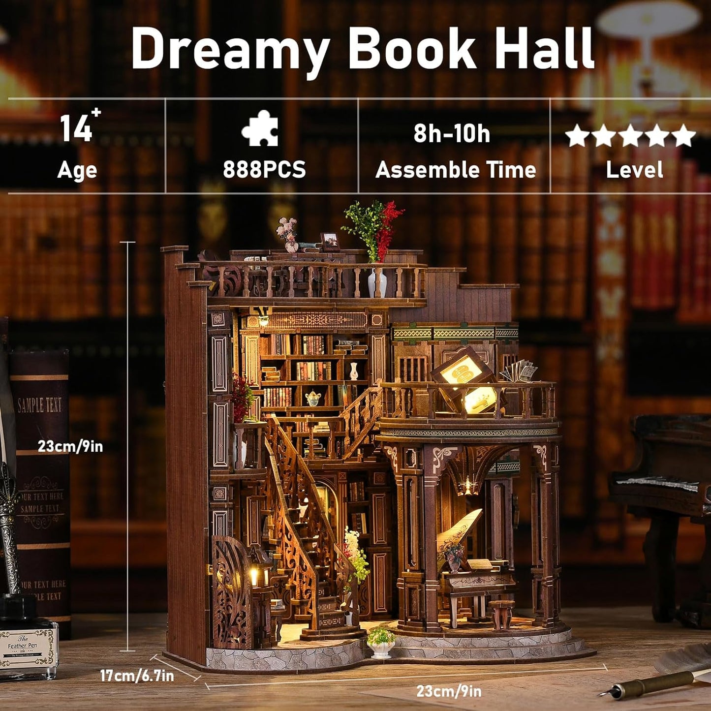 DIY Miniature House Kit, Book Nook Kit, 3D Wooden Puzzles Bookshelf Craft Kits, Dollhouse Kit with LED Light, Mini Building Kit for Adults Teen to Build (Dreamy Book Hall)