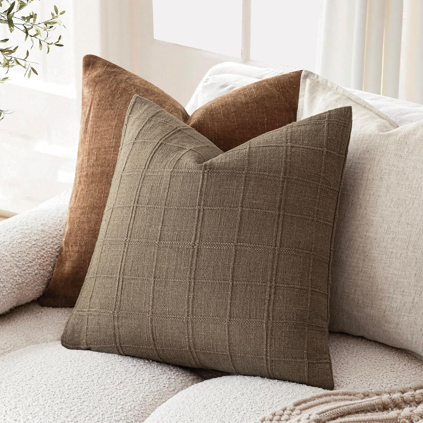 Foindtower Set of 2 Decorative Linen Check Throw Pillow Covers Neutral Farmhouse Vintage Cushion Covers Modern Boho Home Decor for Sofa Chair Couch Bedroom Living Room,22×22 Inch,Light Brown