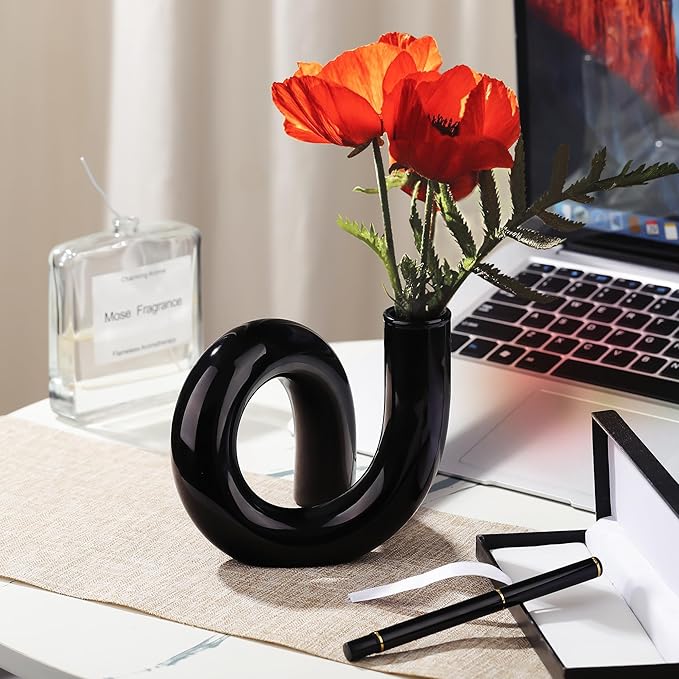 Joeyan Handmade Small Black Glass Flower Vase,Decorative Geometric Glass Bud Vase for Modern Home Centerpieces Living Room Office,4.72" Abstract Vase for Single Flower and Dry Flowers