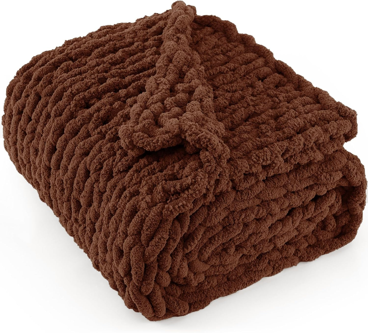 Chunky Knit Throw Blanket 60"X 80", 100% Handmade with Soft Chenille Yarn, 6.7lbs Thick Cable Knitted Blankets, Large Rope Knot Crochet Throws for Couch Sofa Bed Home Decor, Dark Brown