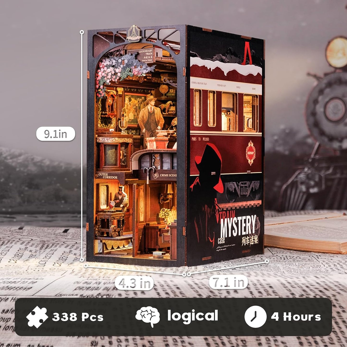 Fsolis Book Nook Kit, DIY Miniature Room House Kit for Adult Decorative Bookend Bookshelf Bookcase Nook Decor Gifts for Women Teens and Book Lovers(Train Mystery Case)