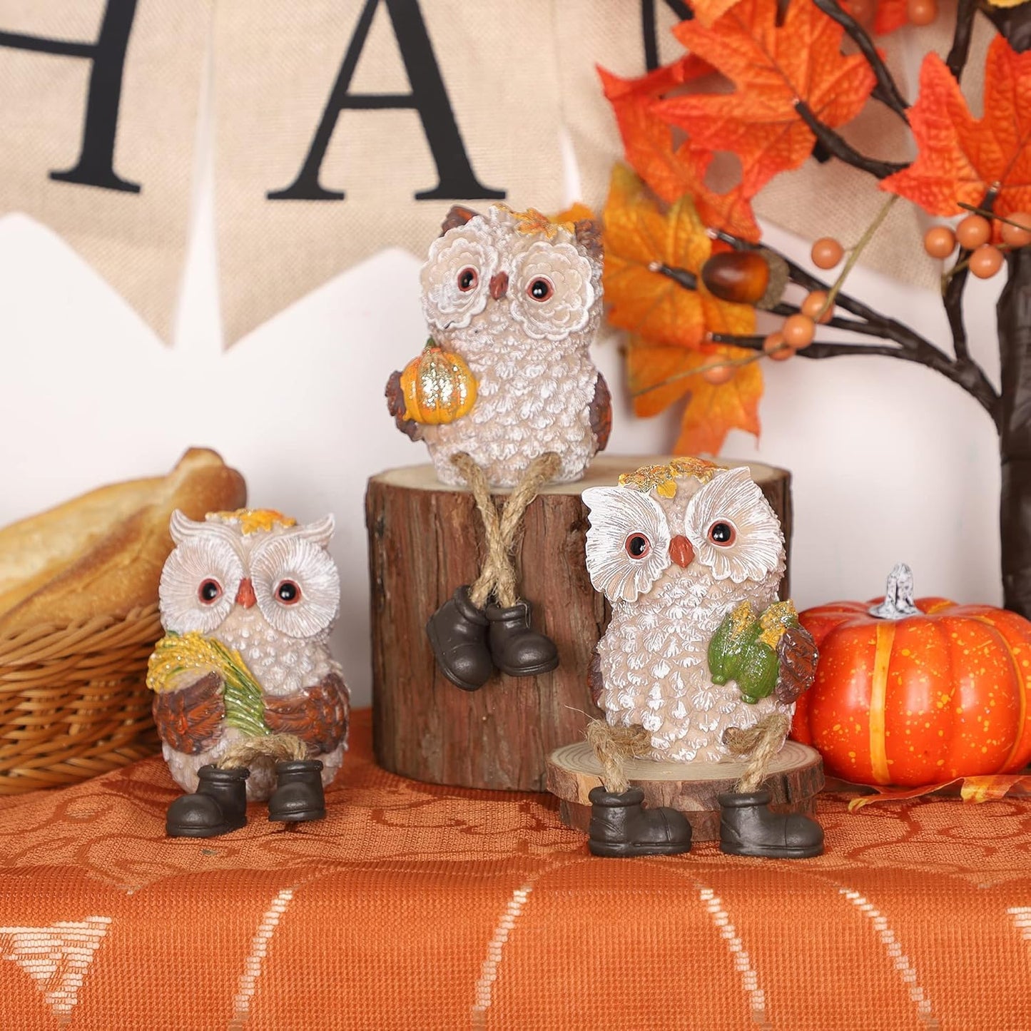 Lulu Home Thanksgiving Figurines, Set of 3 Resin Owl Shelf Sitters with Dangling Legs, Wheat Maize Pumpkin Harvest Sculpture for Window Sill Kitchen Tabletop Autumn Home Decor